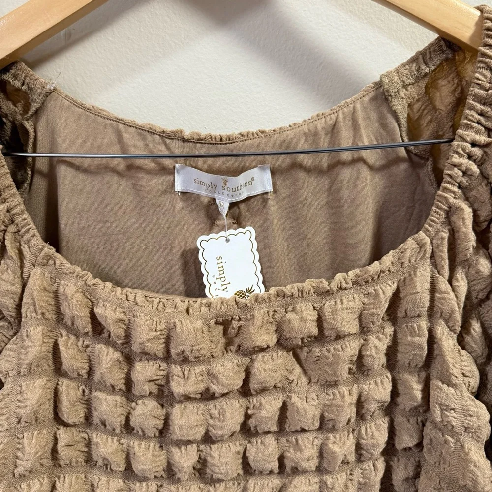 NWT Simply Southern Medium Tan Bubble Babydoll Dress Ruffle Long Sleeve Texture